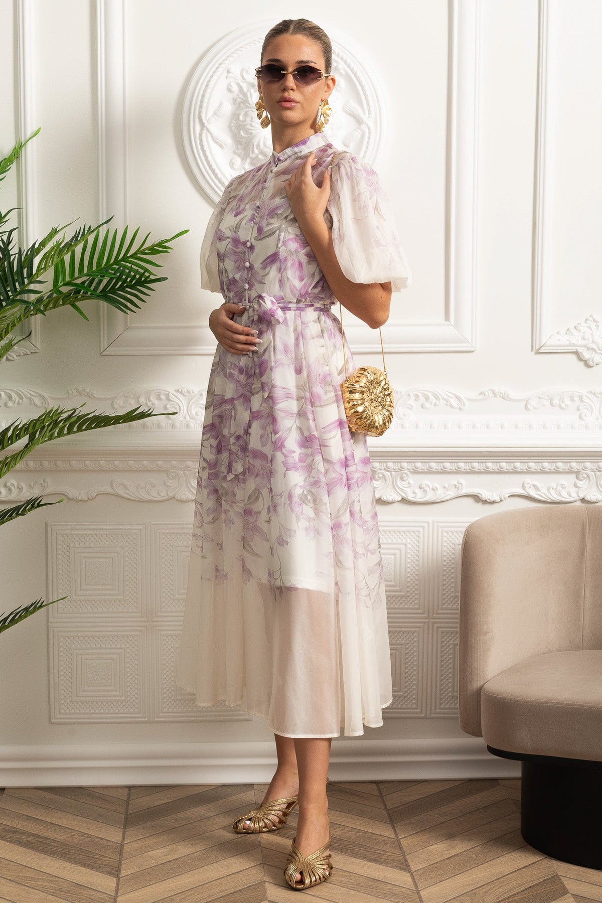 Sheer Botanical Print Puff Sleeve Midi Shirt Dress – White/Purple – view 3