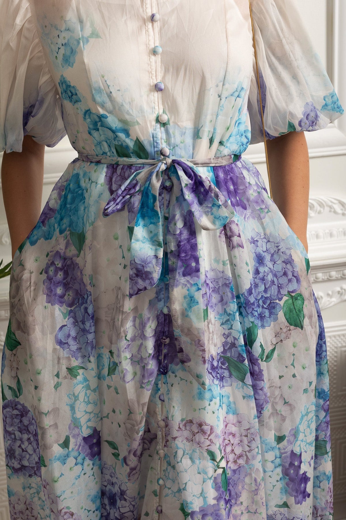 Sheer Botanical Print Puff Sleeve Midi Shirt Dress – White/Blue – view 4