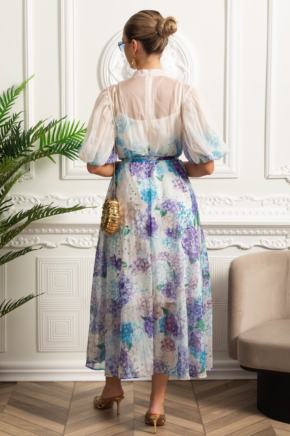 Sheer Botanical Print Puff Sleeve Midi Shirt Dress – White/Blue – view 5