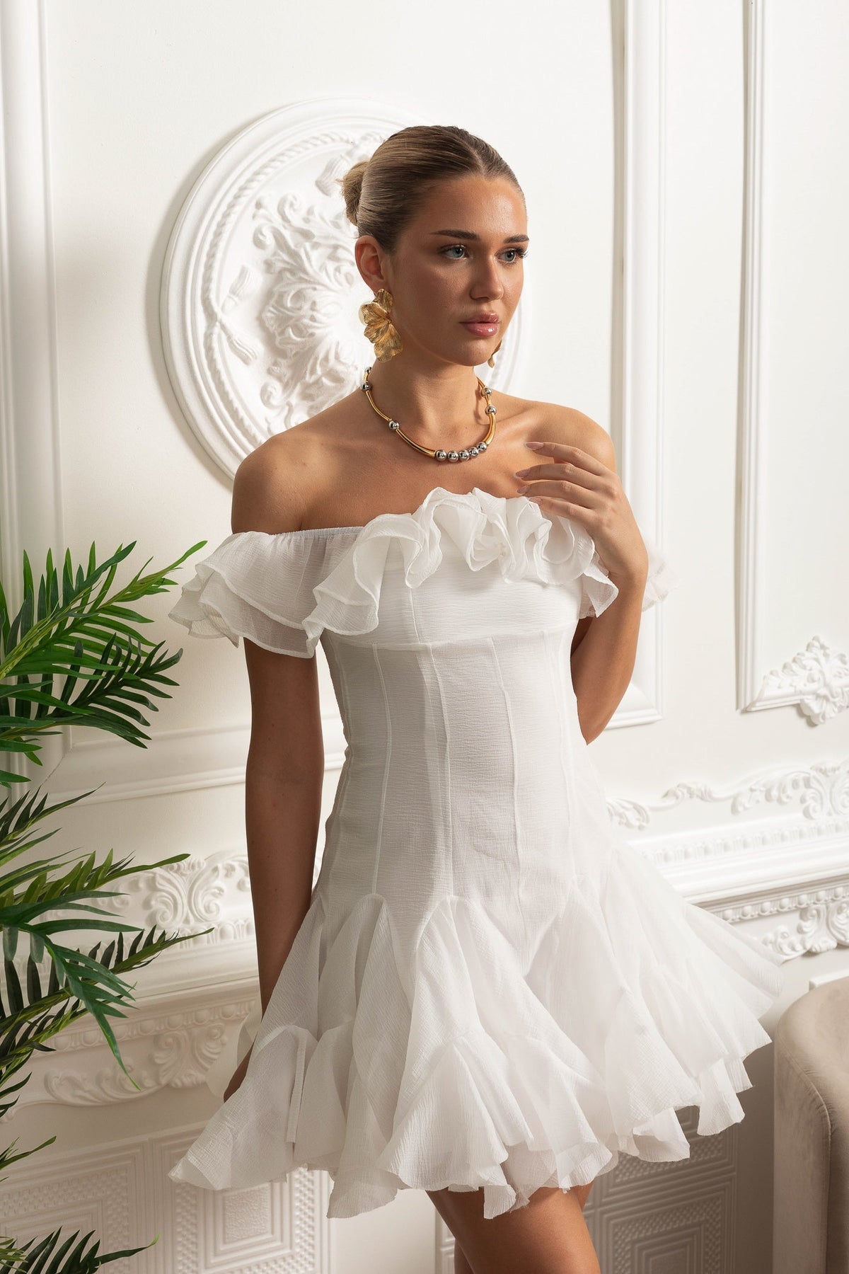 Off-Shoulder Organza Mini Dress with Ruffle Trim and Flared Skirt – White – view 8