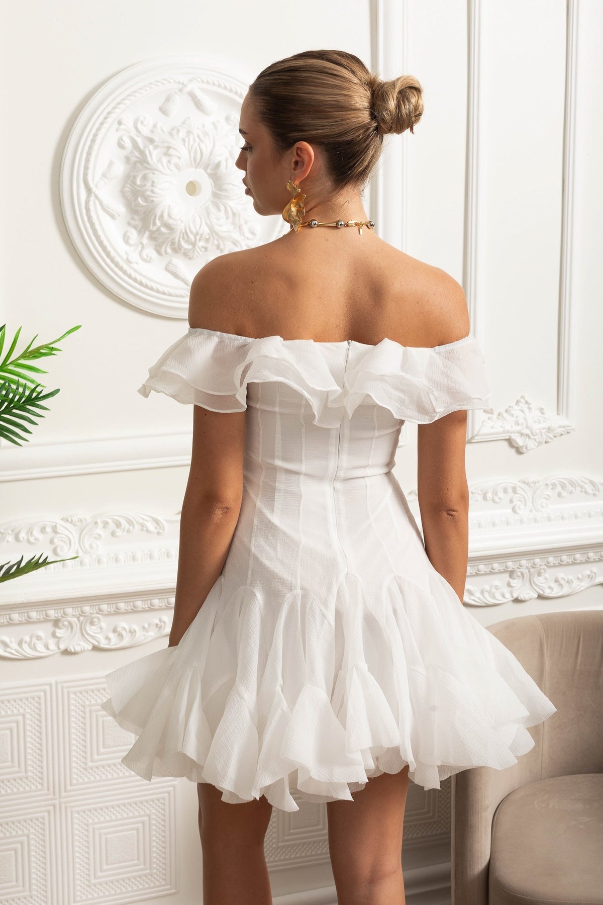 Off-Shoulder Organza Mini Dress with Ruffle Trim and Flared Skirt – White – view 11
