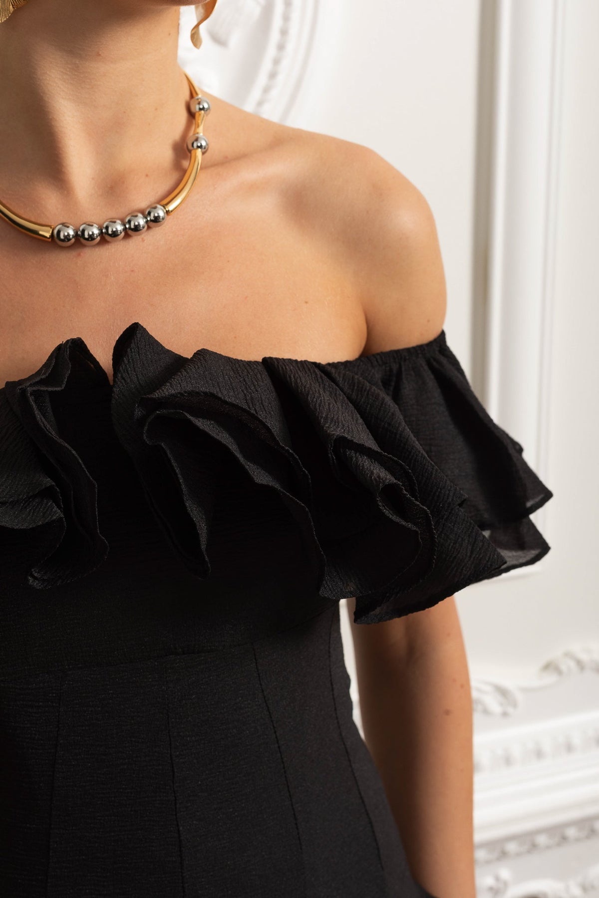 Off-Shoulder Organza Mini Dress with Ruffle Trim and Flared Skirt – Black – view 5