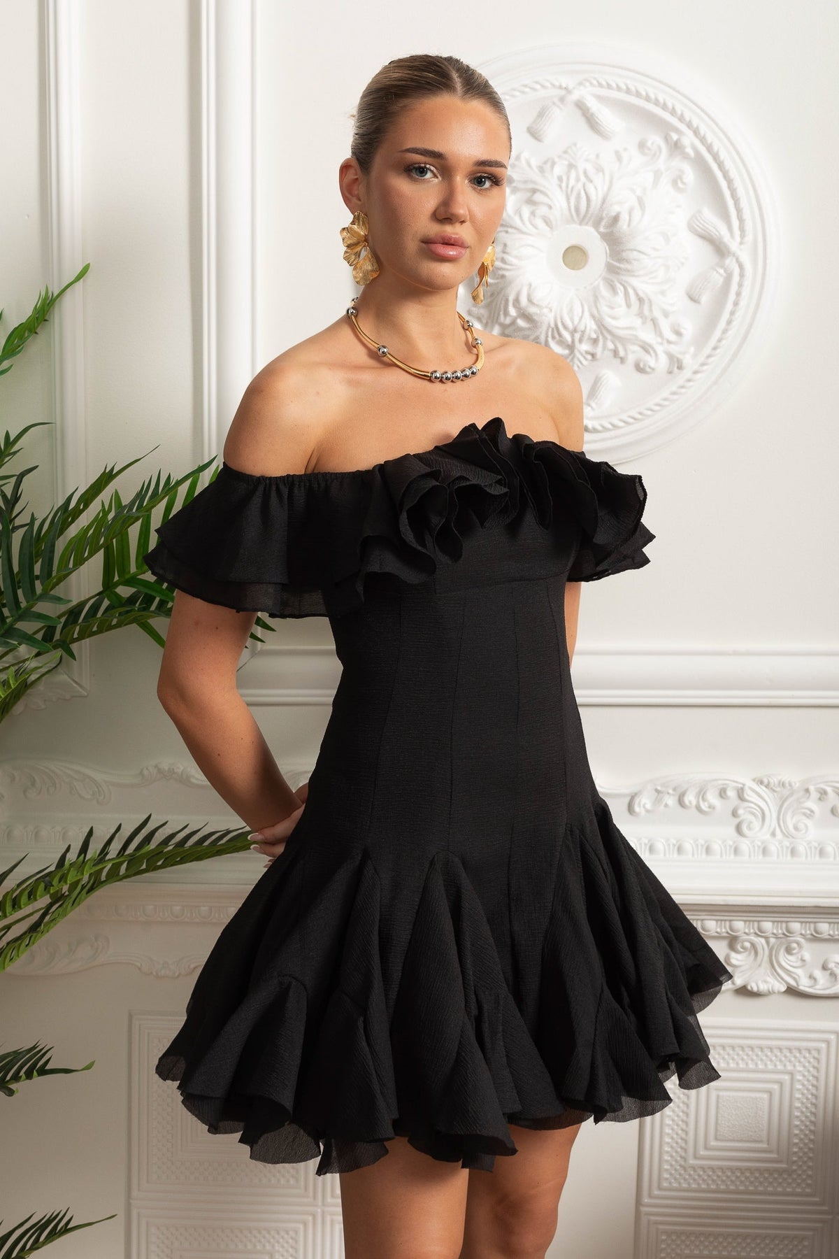 Off-Shoulder Organza Mini Dress with Ruffle Trim and Flared Skirt – Black – view 6