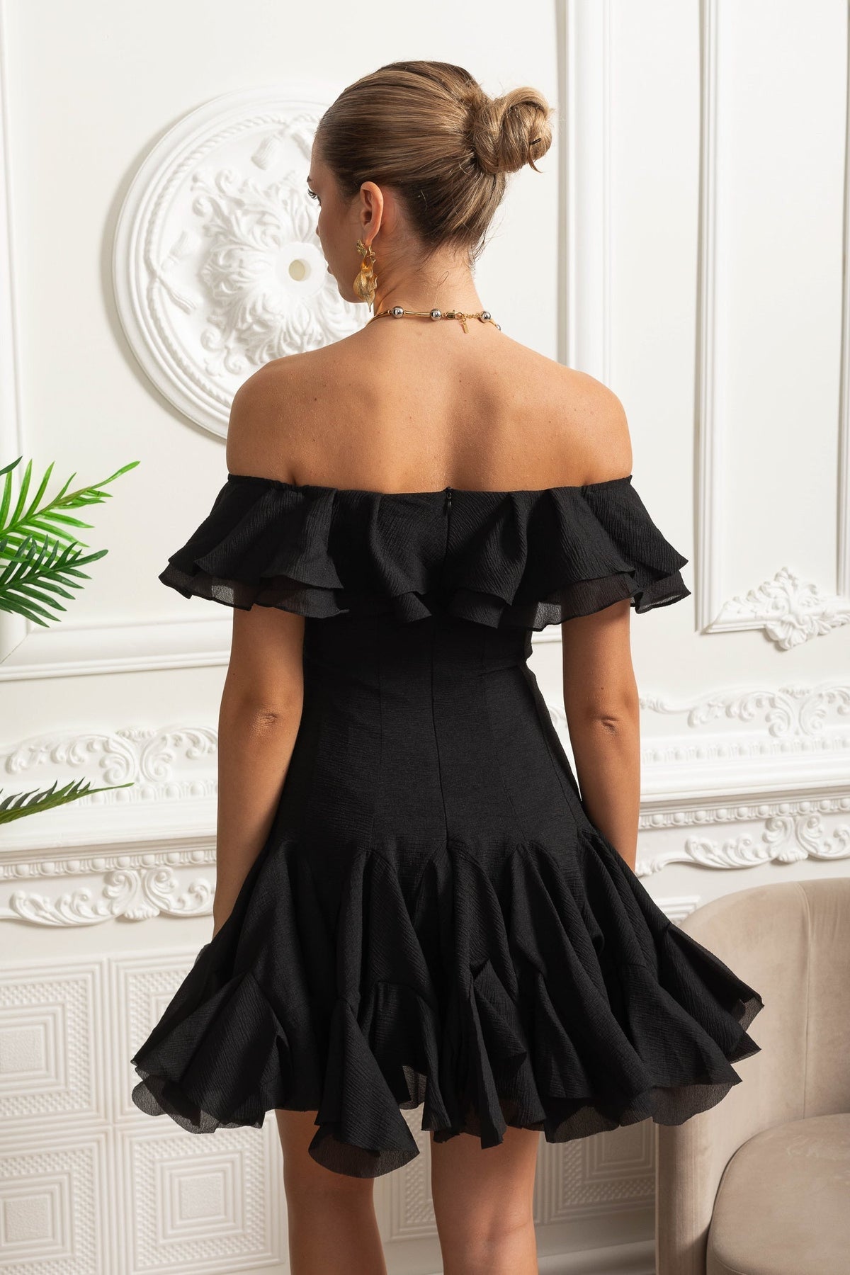 Off-Shoulder Organza Mini Dress with Ruffle Trim and Flared Skirt – Black – view 7