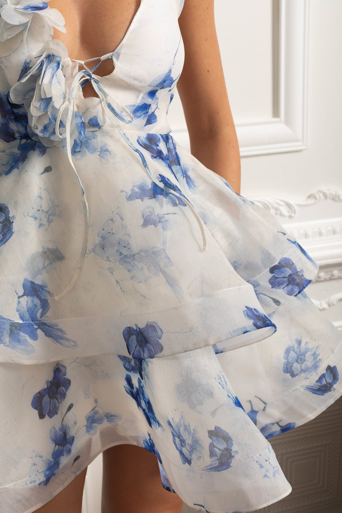 Floral Organza Asymmetric Mini Dress with 3D Appliqué and Tiered Ruffles – Blue – view 5