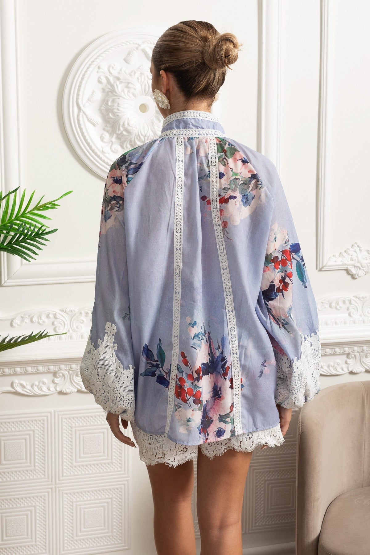 Floral Puff Sleeve Wide Leg Shorts Co-ord with Lace Insets and Belt – Powder Blue