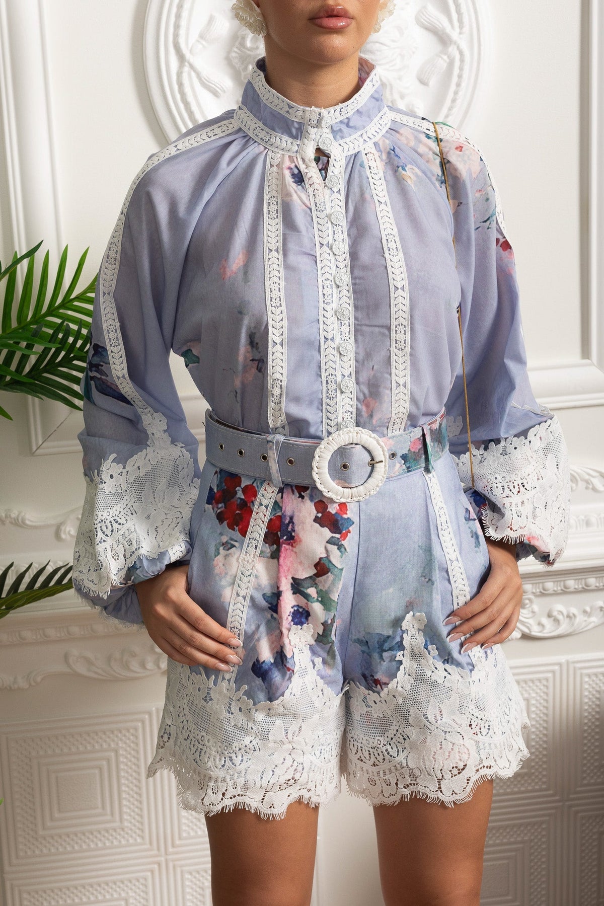 Floral Puff Sleeve Wide Leg Shorts Co-ord with Lace Insets and Belt – Powder Blue – view 4