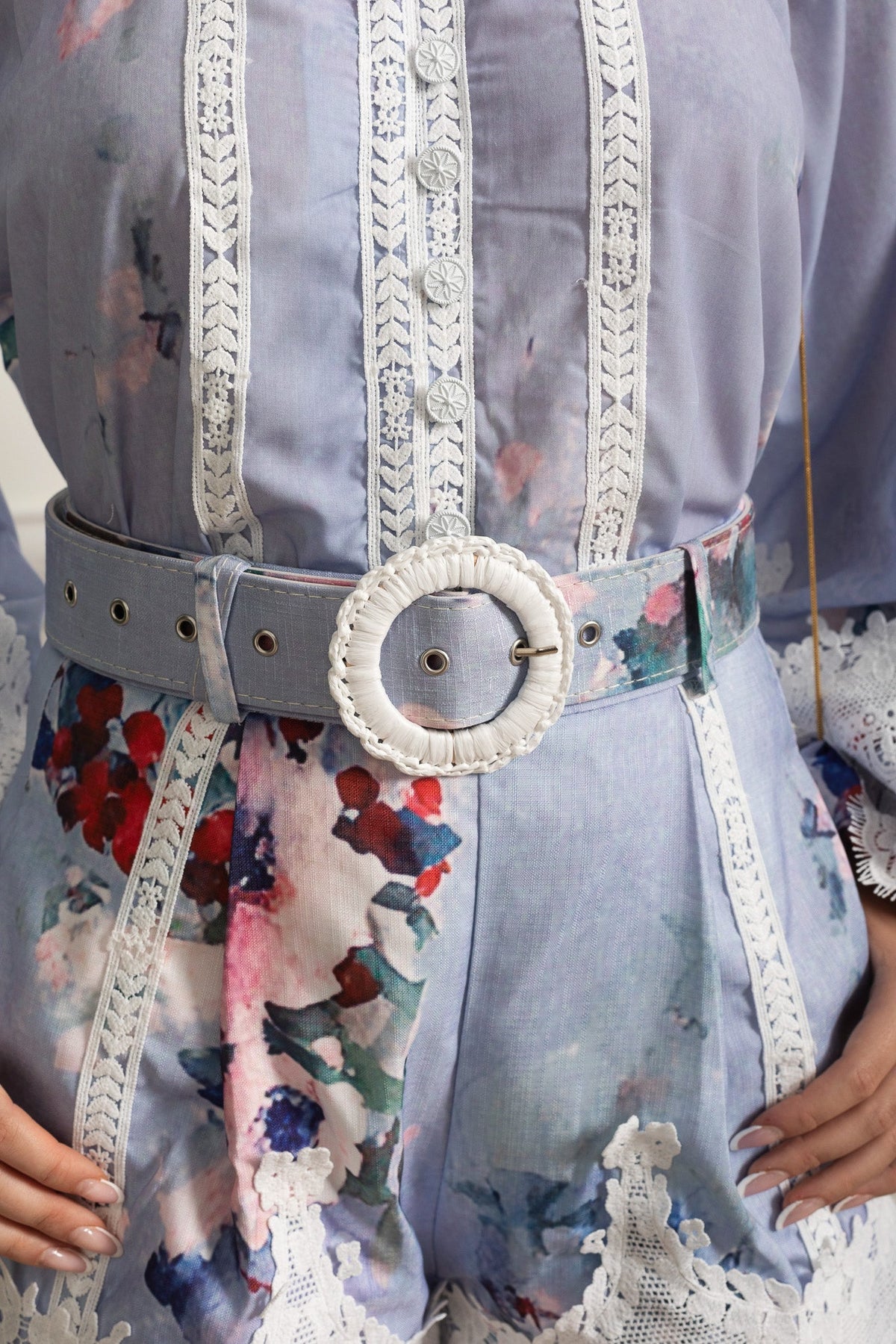 Floral Puff Sleeve Wide Leg Shorts Co-ord with Lace Insets and Belt – Powder Blue