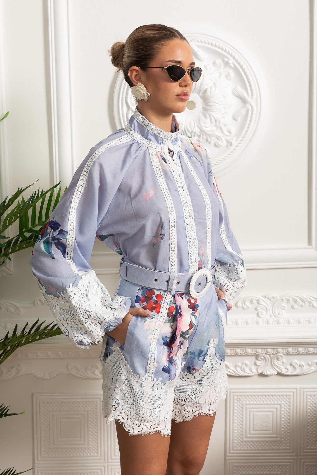 Floral Puff Sleeve Wide Leg Shorts Co-ord with Lace Insets and Belt – Powder Blue – view 2