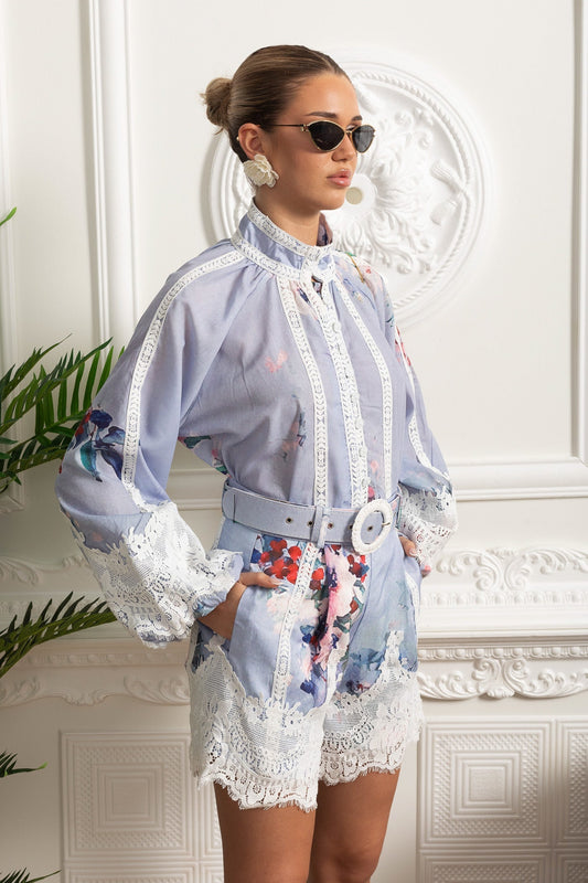 Floral Puff Sleeve Wide Leg Shorts Co-ord with Lace Insets and Belt – Powder Blue