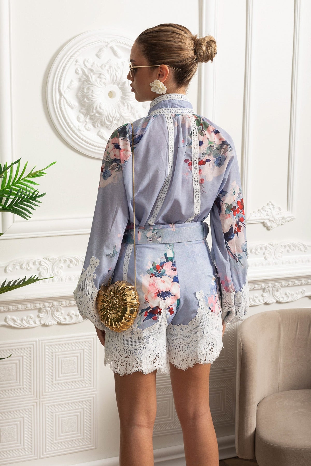 Floral Puff Sleeve Wide Leg Shorts Co-ord with Lace Insets and Belt – Powder Blue