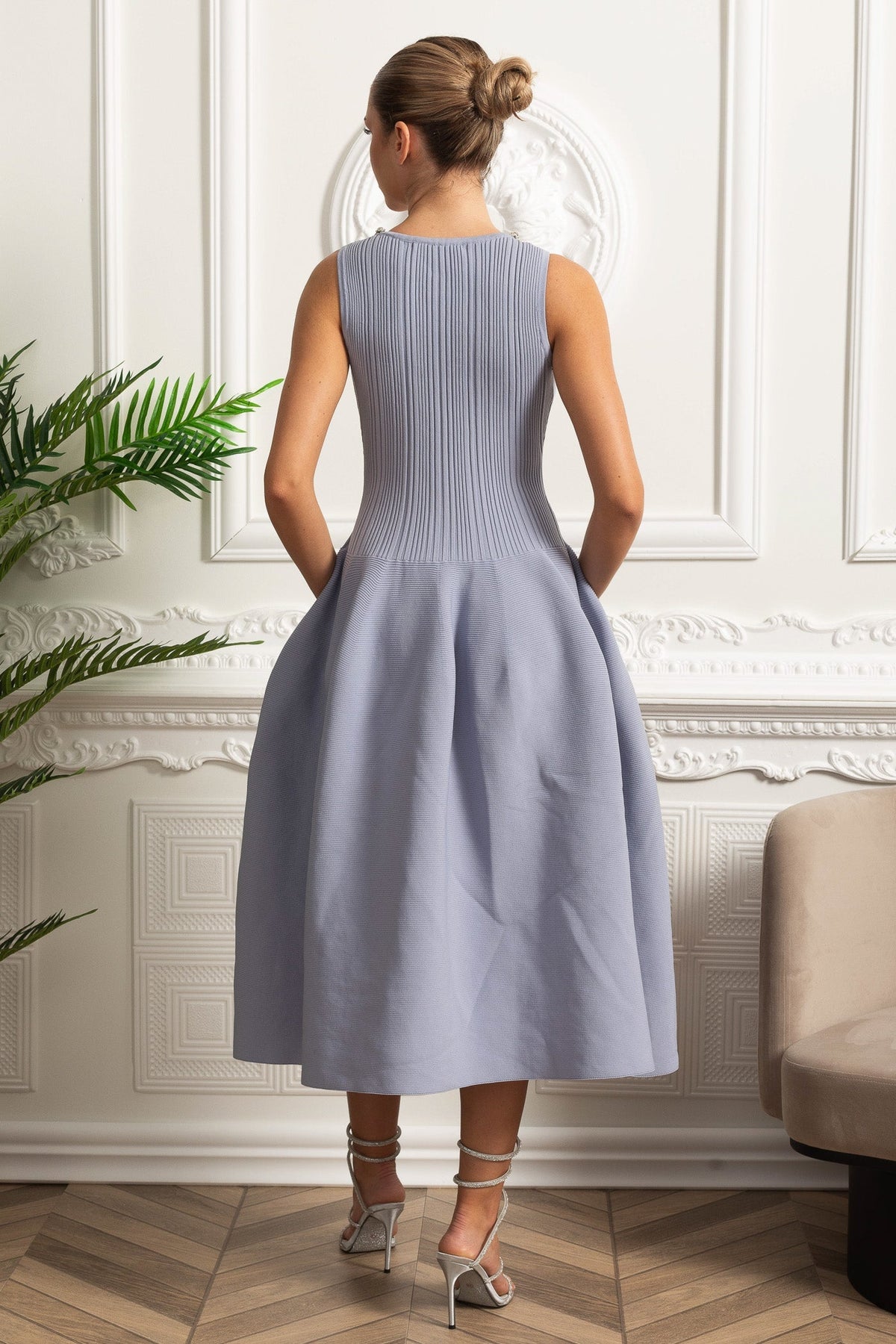 Beaded Scoop Neck Ribbed Knit A-Line Midi Dress – Baby Blue – view 5