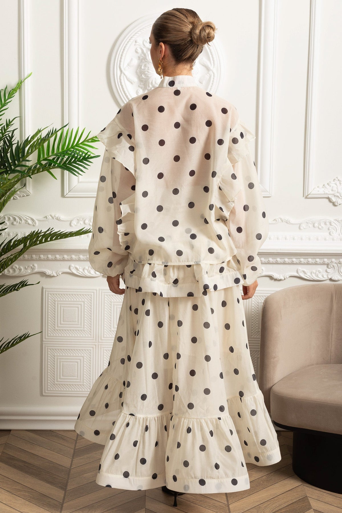 Polka Dot Organza Bow Waist Top and Tiered Maxi Skirt Set – Ivory – view 4