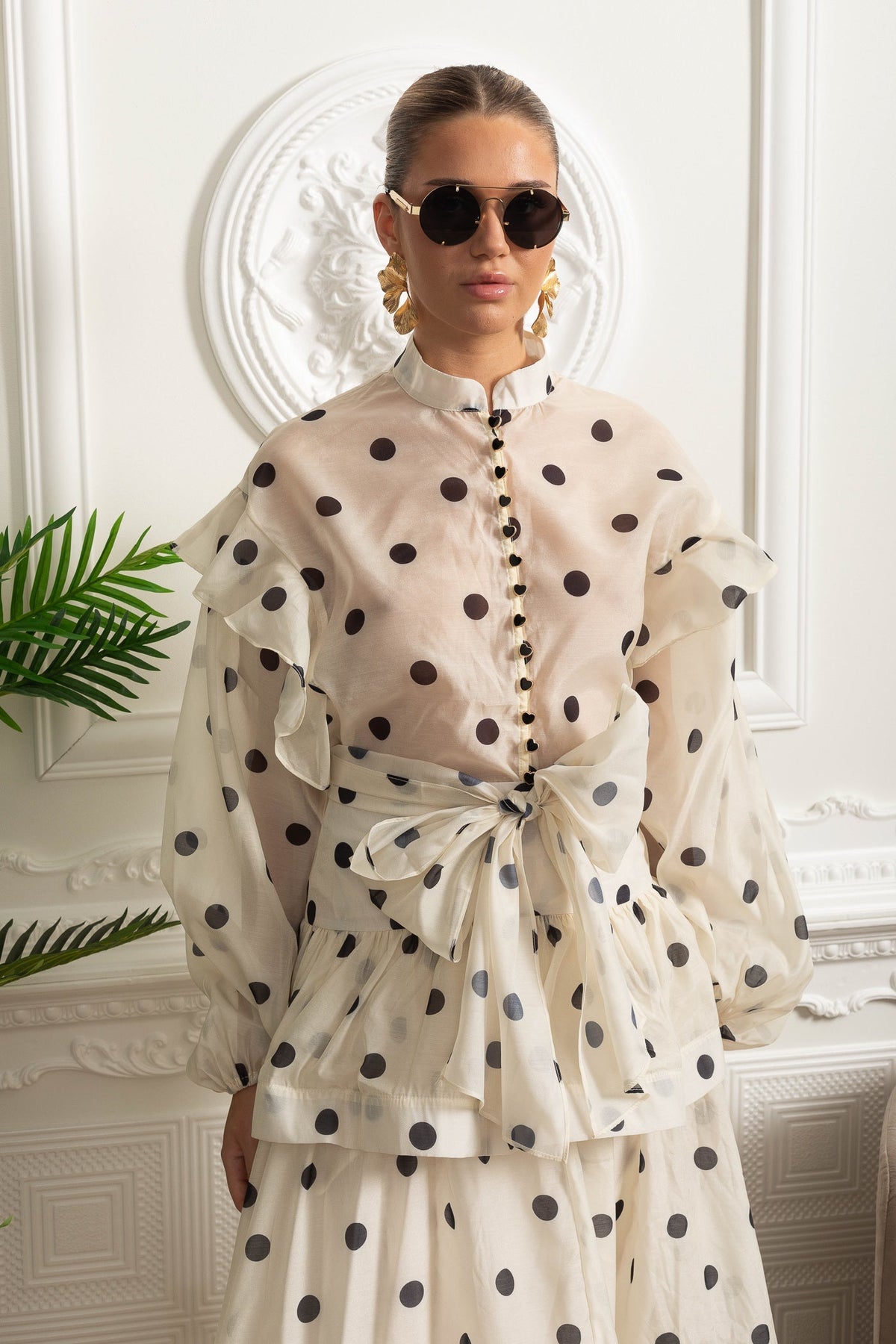 Polka Dot Organza Bow Waist Top and Tiered Maxi Skirt Set – Ivory – view 5