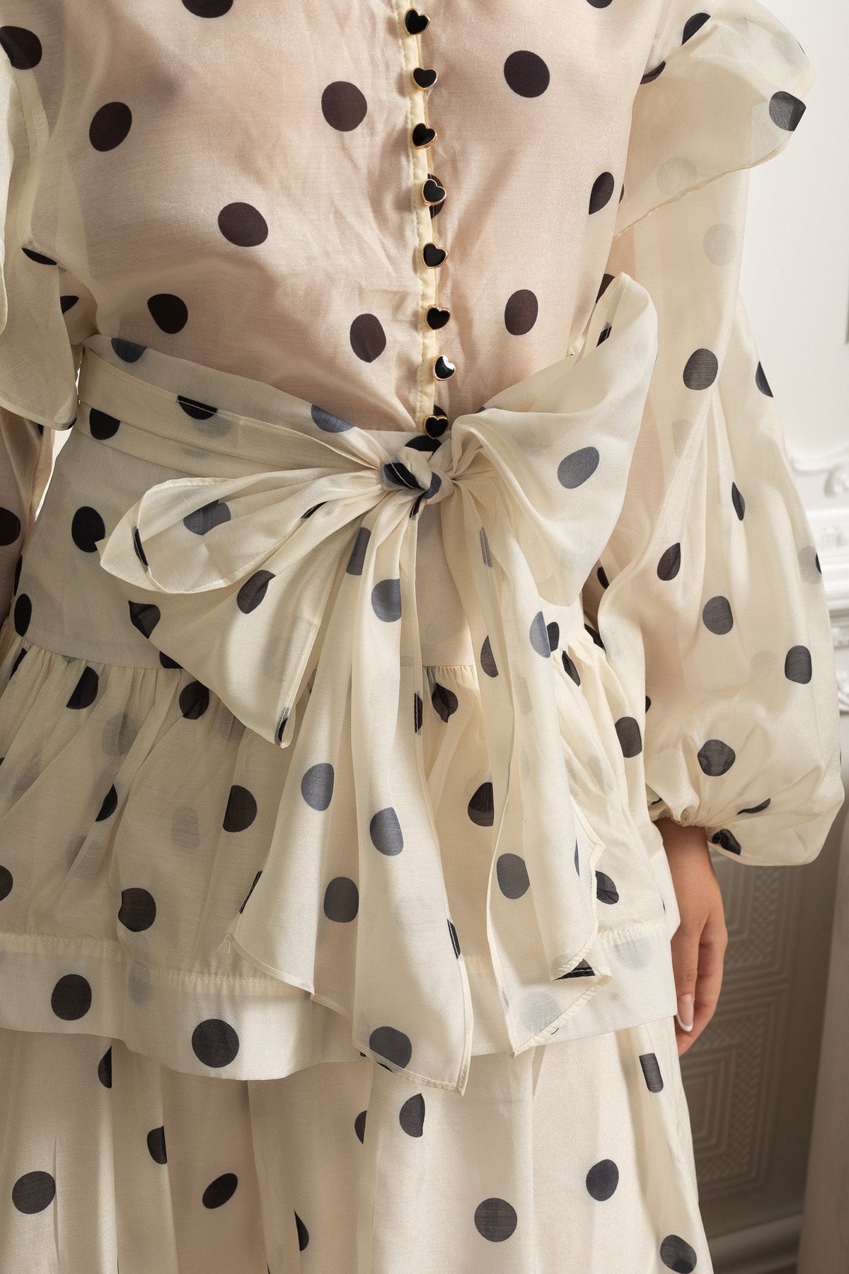 Polka Dot Organza Bow Waist Top and Tiered Maxi Skirt Set – Ivory – view 6