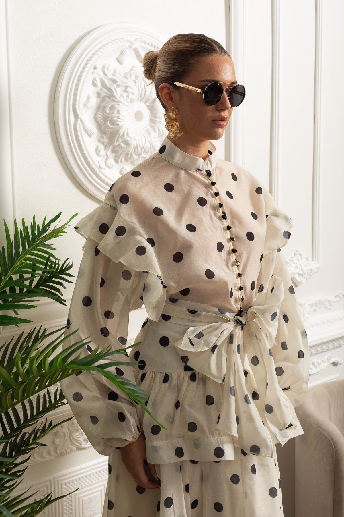Polka Dot Organza Bow Waist Top and Tiered Maxi Skirt Set – Ivory – view 7