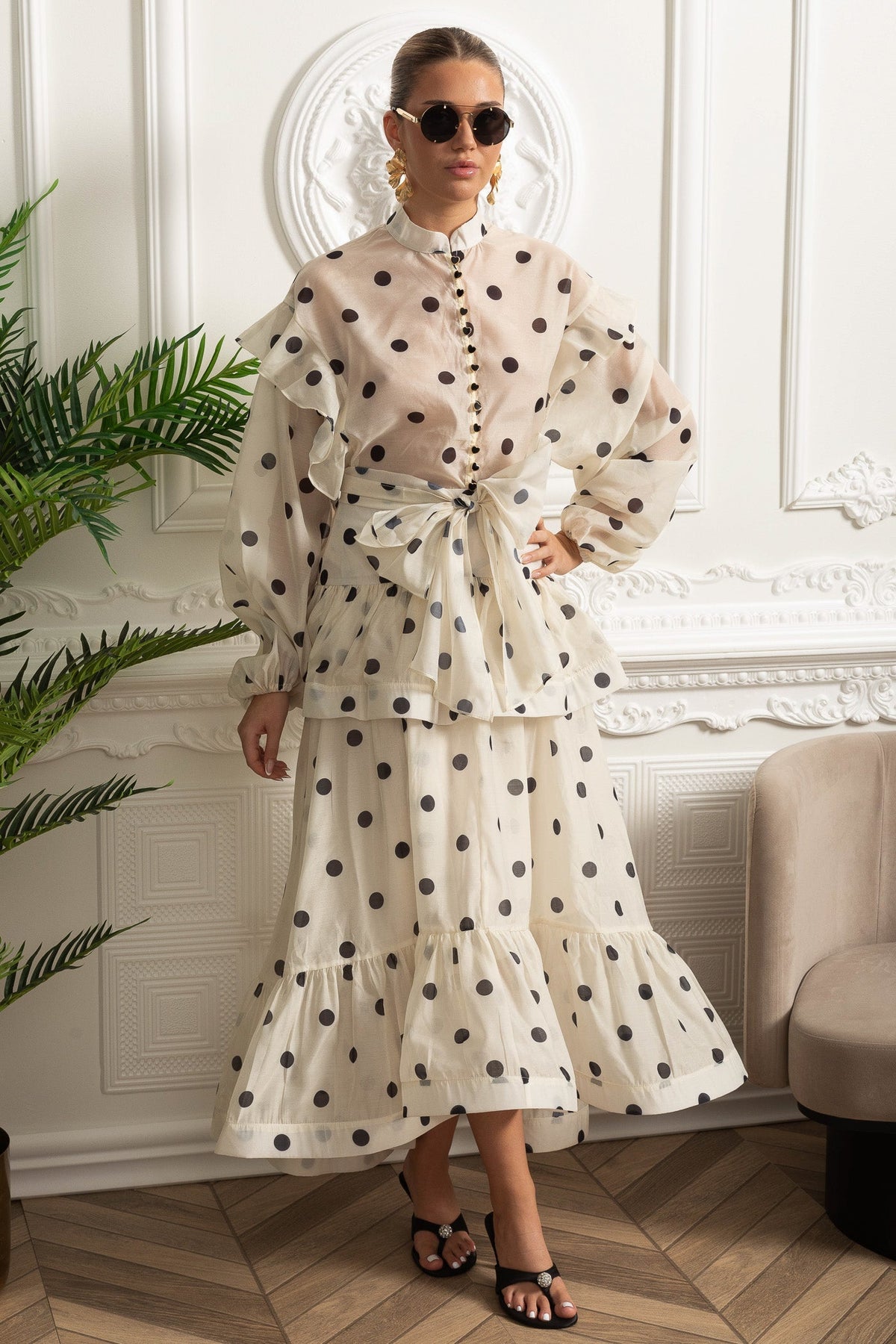Polka Dot Organza Bow Waist Top and Tiered Maxi Skirt Set – Ivory – view 8