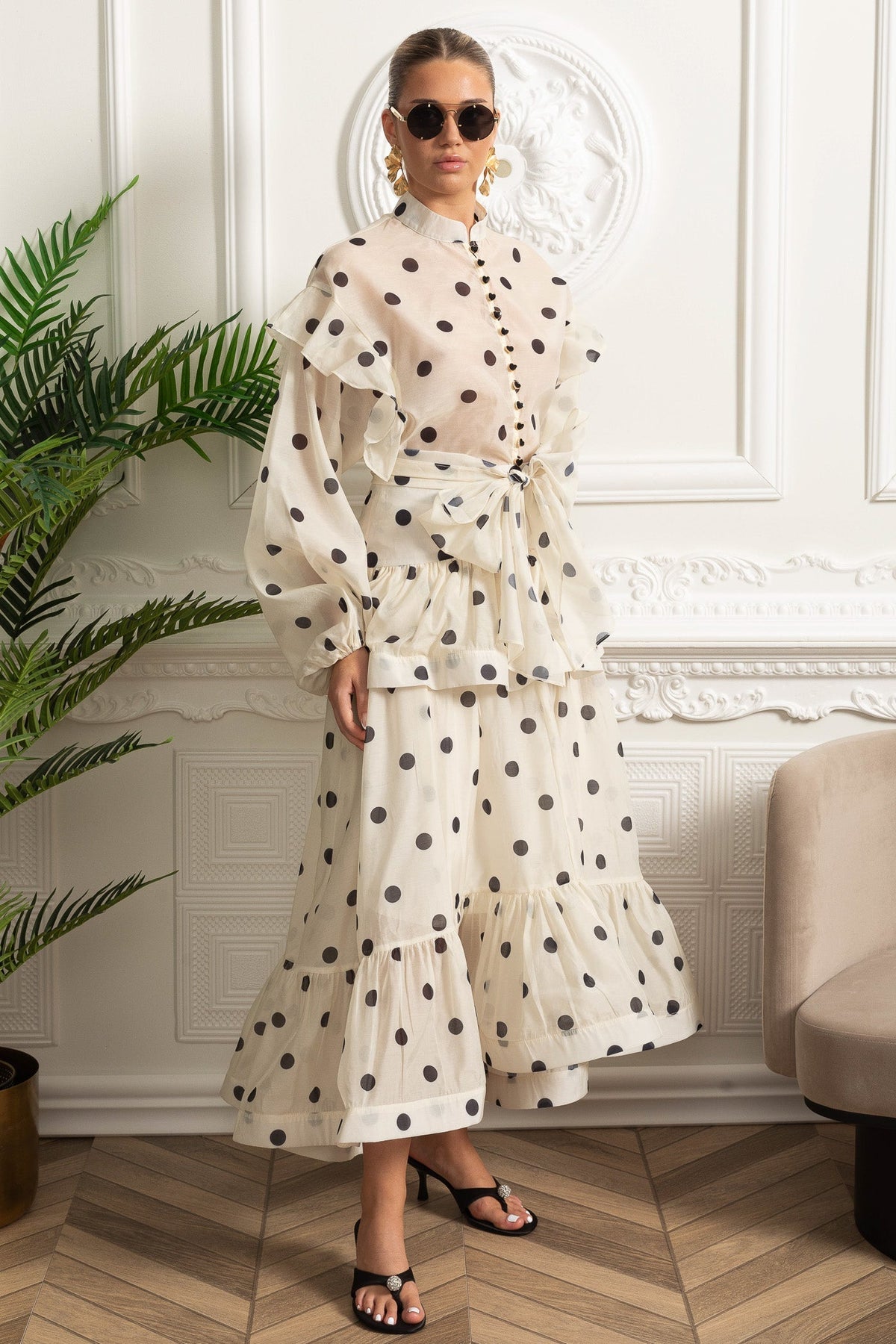 Polka Dot Organza Bow Waist Top and Tiered Maxi Skirt Set – Ivory – view 9