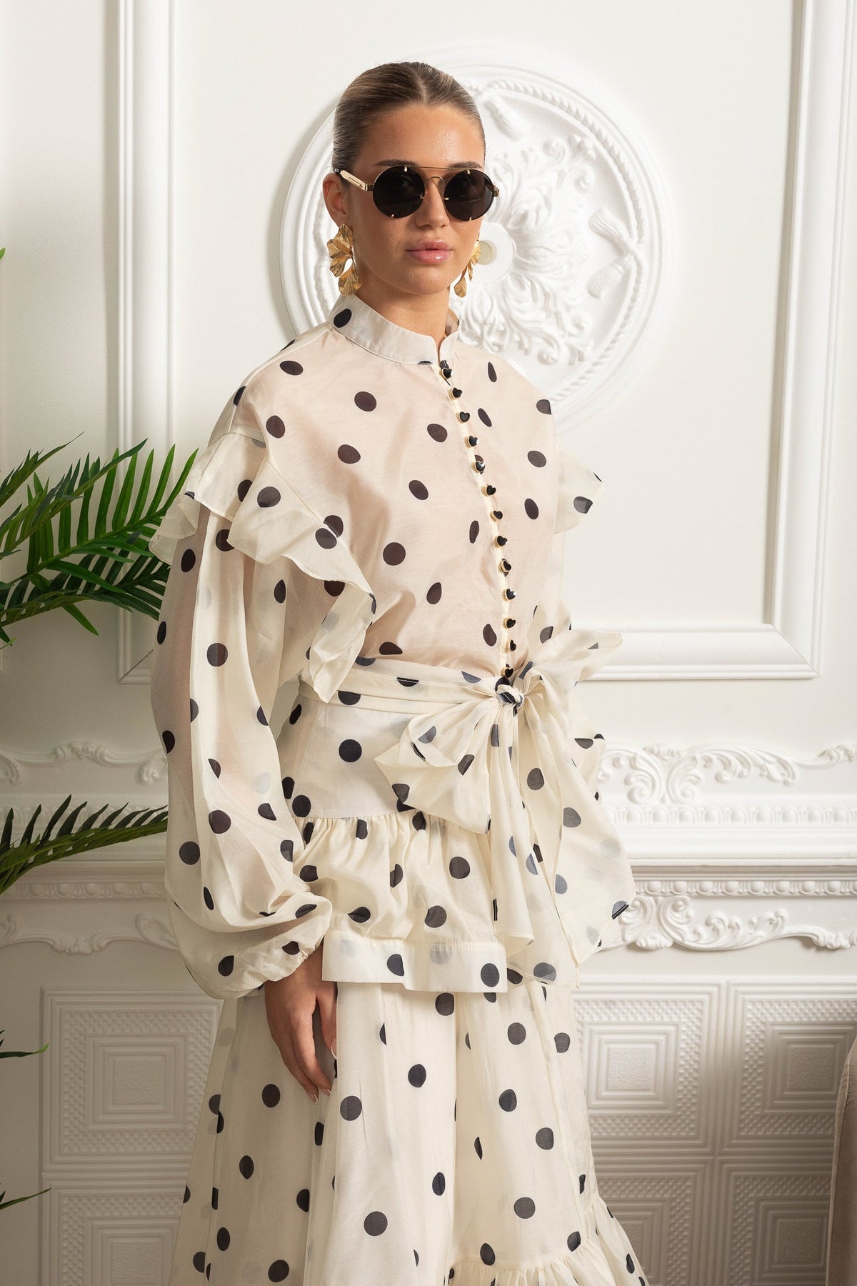 Polka Dot Organza Bow Waist Top and Tiered Maxi Skirt Set – Ivory – view 10