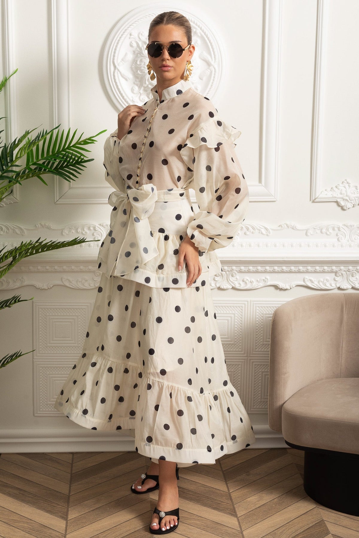 Polka Dot Organza Bow Waist Top and Tiered Maxi Skirt Set – Ivory – view 11