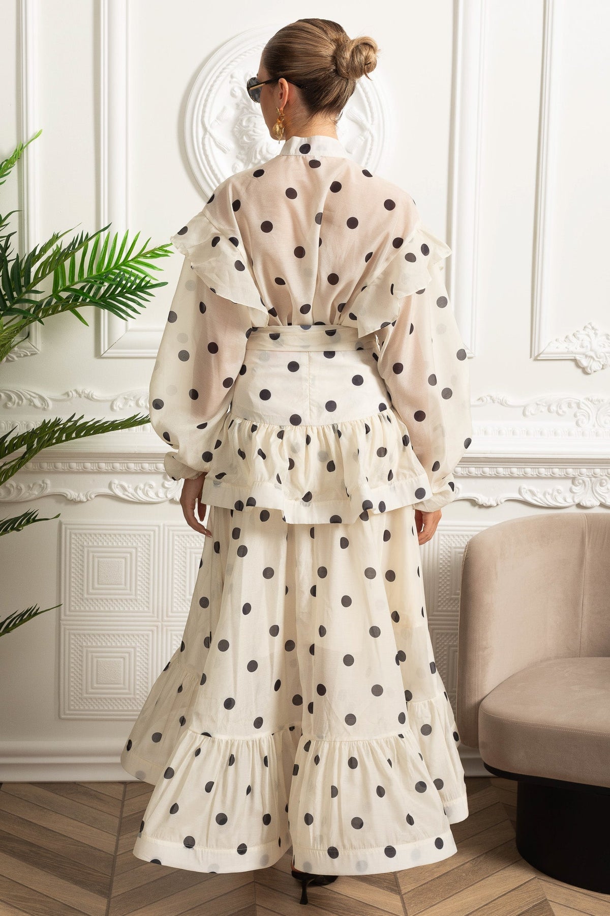 Polka Dot Organza Bow Waist Top and Tiered Maxi Skirt Set – Ivory – view 12