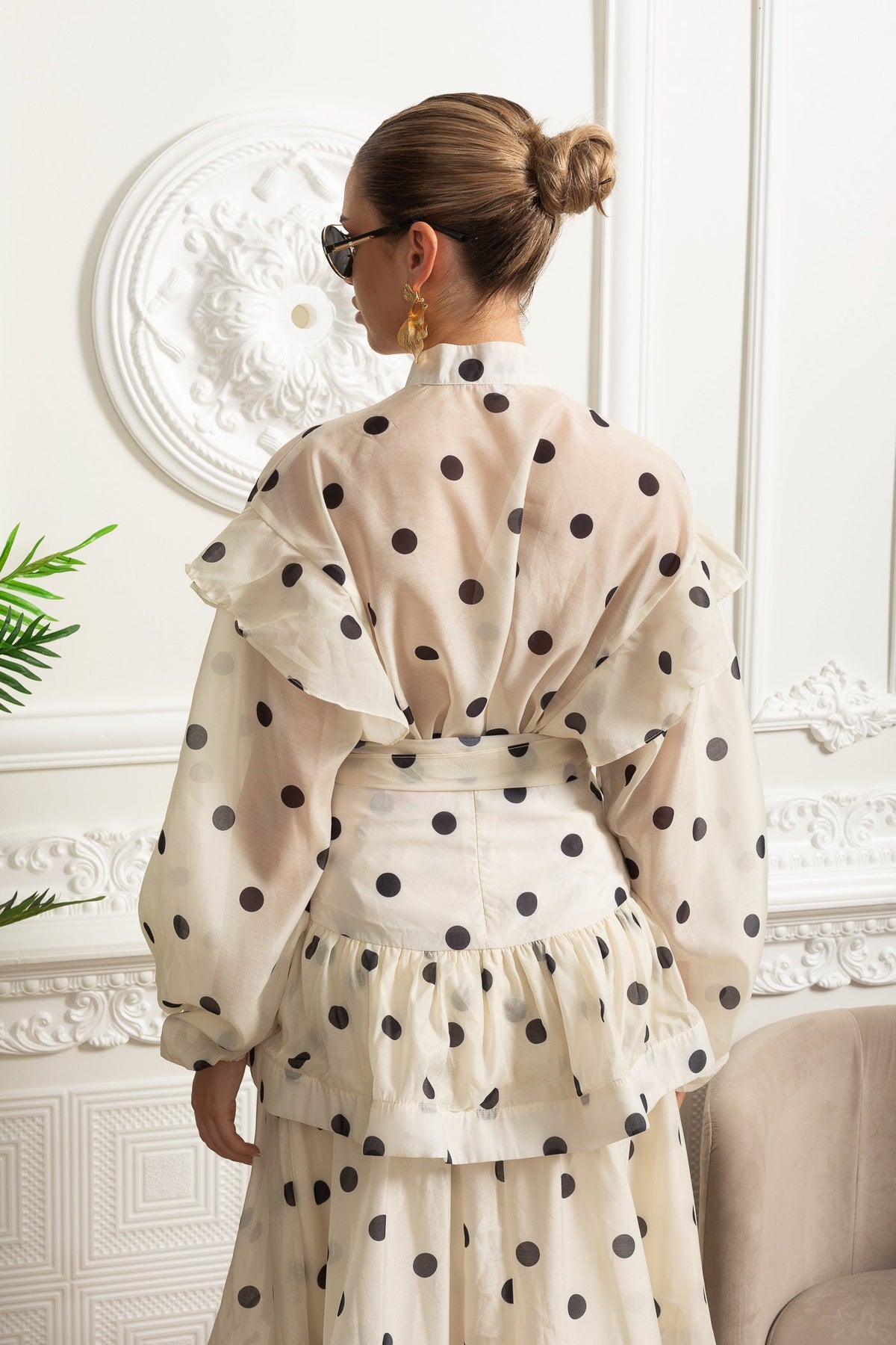 Polka Dot Organza Bow Waist Top and Tiered Maxi Skirt Set – Ivory – view 13