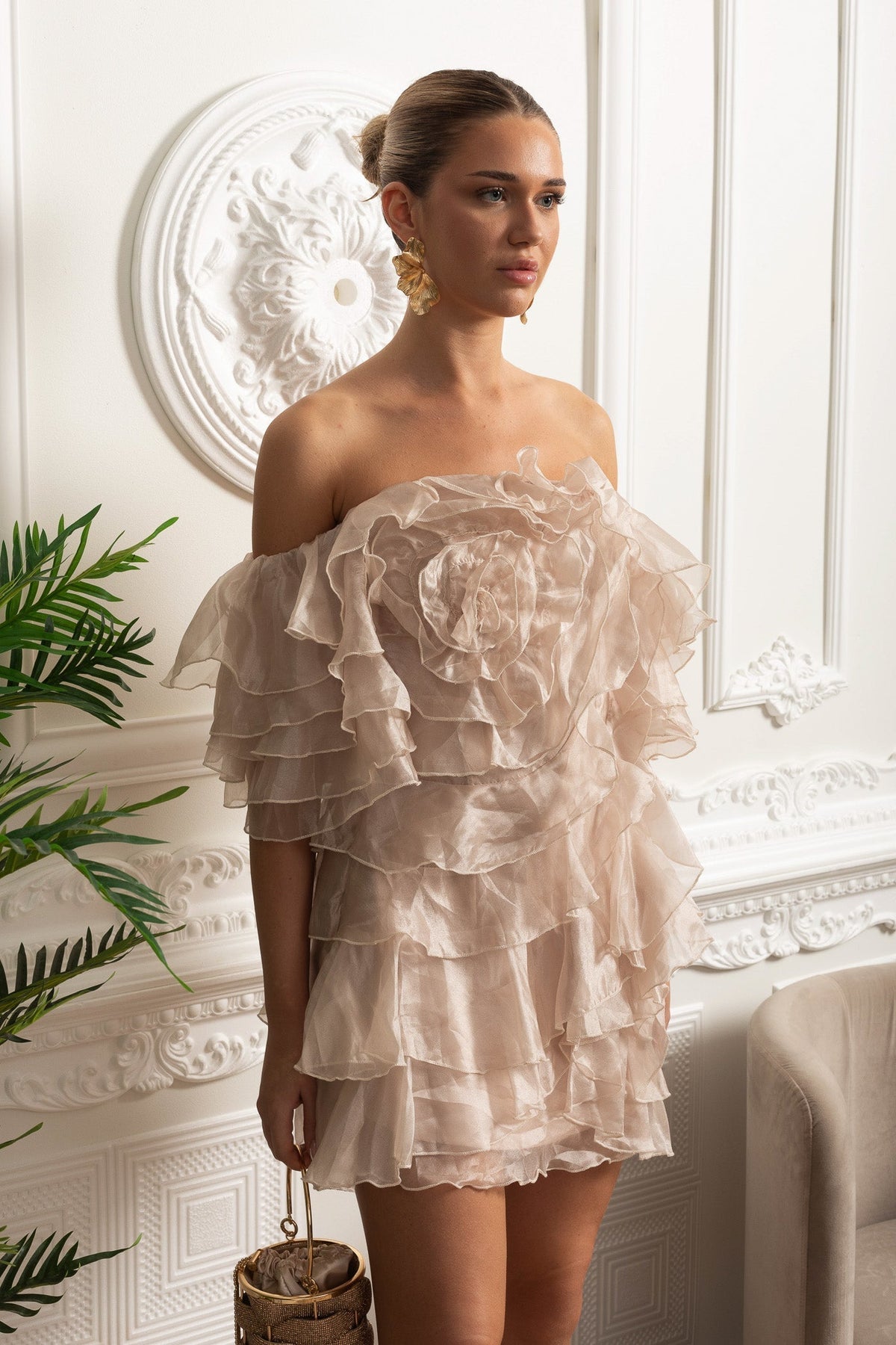 Organza Off-Shoulder Ruffle Mini Dress with Sculptural Rosette – Ivory – view 3