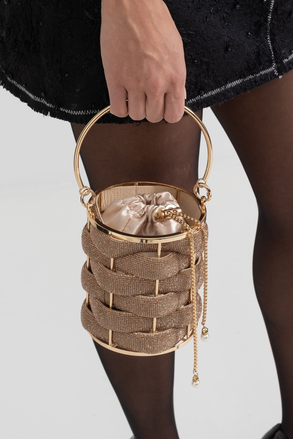 Beaded Mini Bucket Bag with Satin Drawstring Closure – Gold
