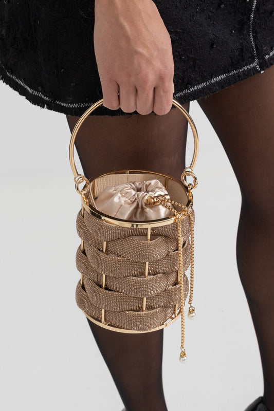 Beaded Mini Bucket Bag with Satin Drawstring Closure – Gold