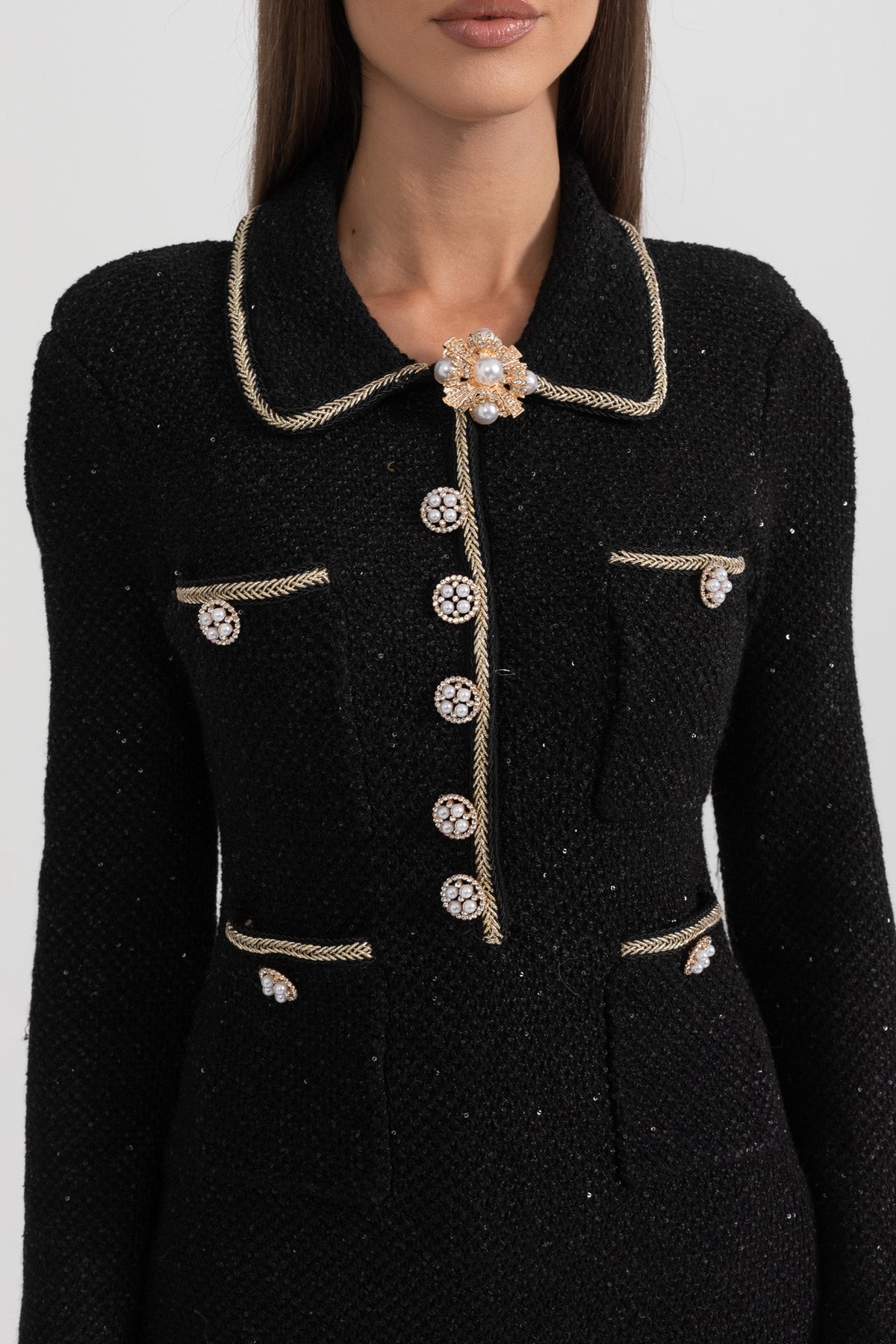 Long Sleeve Textured Knit Dress with Gold Flower Collar – Black – view 3