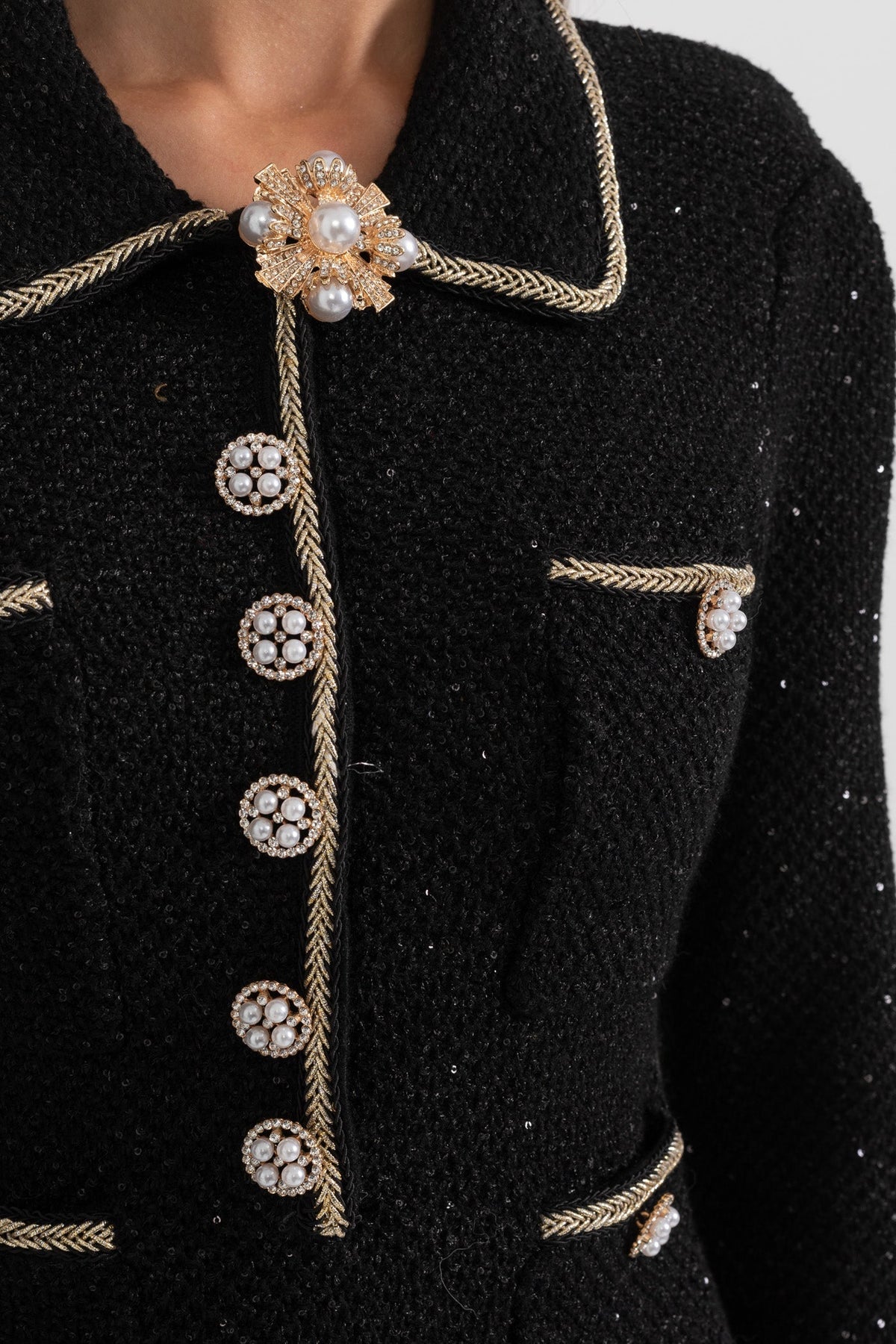 Long Sleeve Textured Knit Dress with Gold Flower Collar – Black – view 8