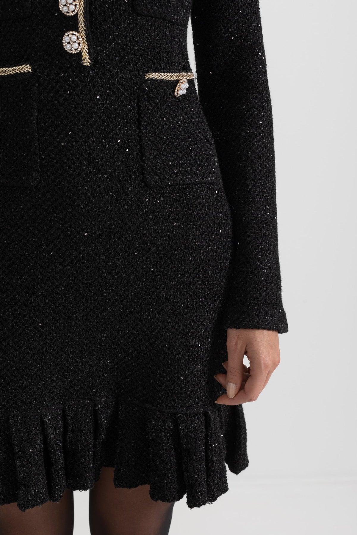 Long Sleeve Textured Knit Dress with Gold Flower Collar – Black – view 9