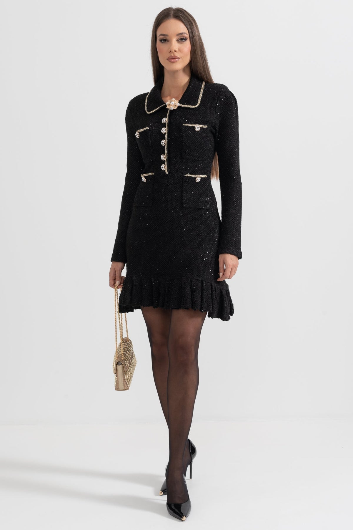 Long Sleeve Textured Knit Dress with Gold Flower Collar – Black
