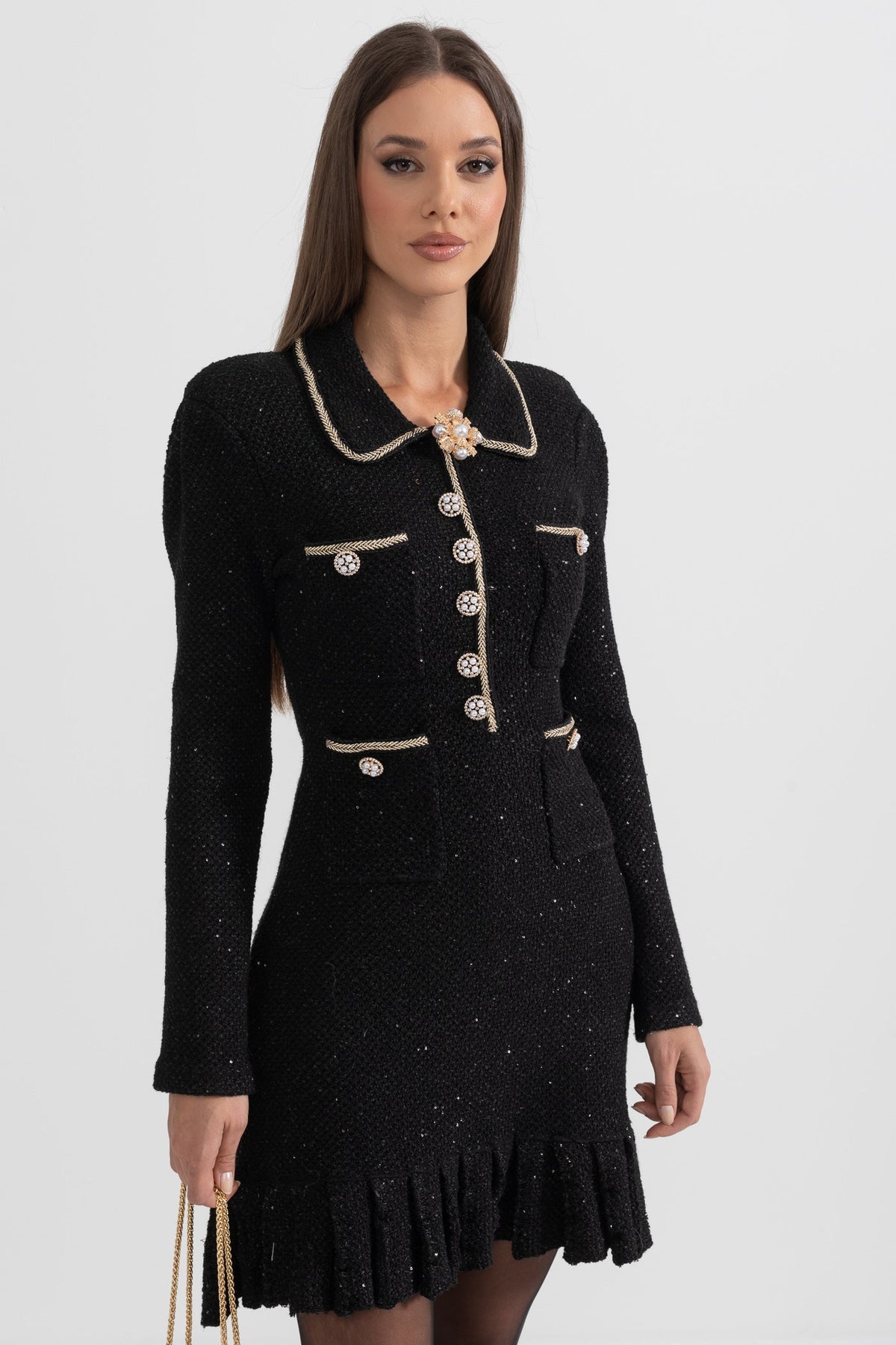 Long Sleeve Textured Knit Dress with Gold Flower Collar – Black