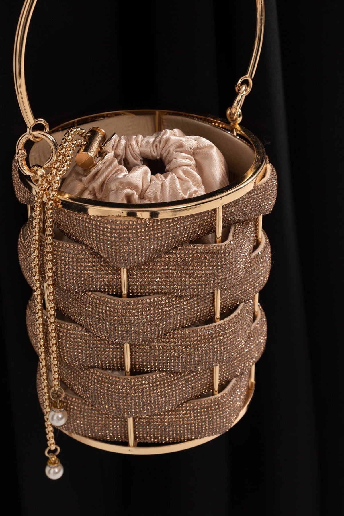 Beaded Mini Bucket Bag with Satin Drawstring Closure – Gold – view 4