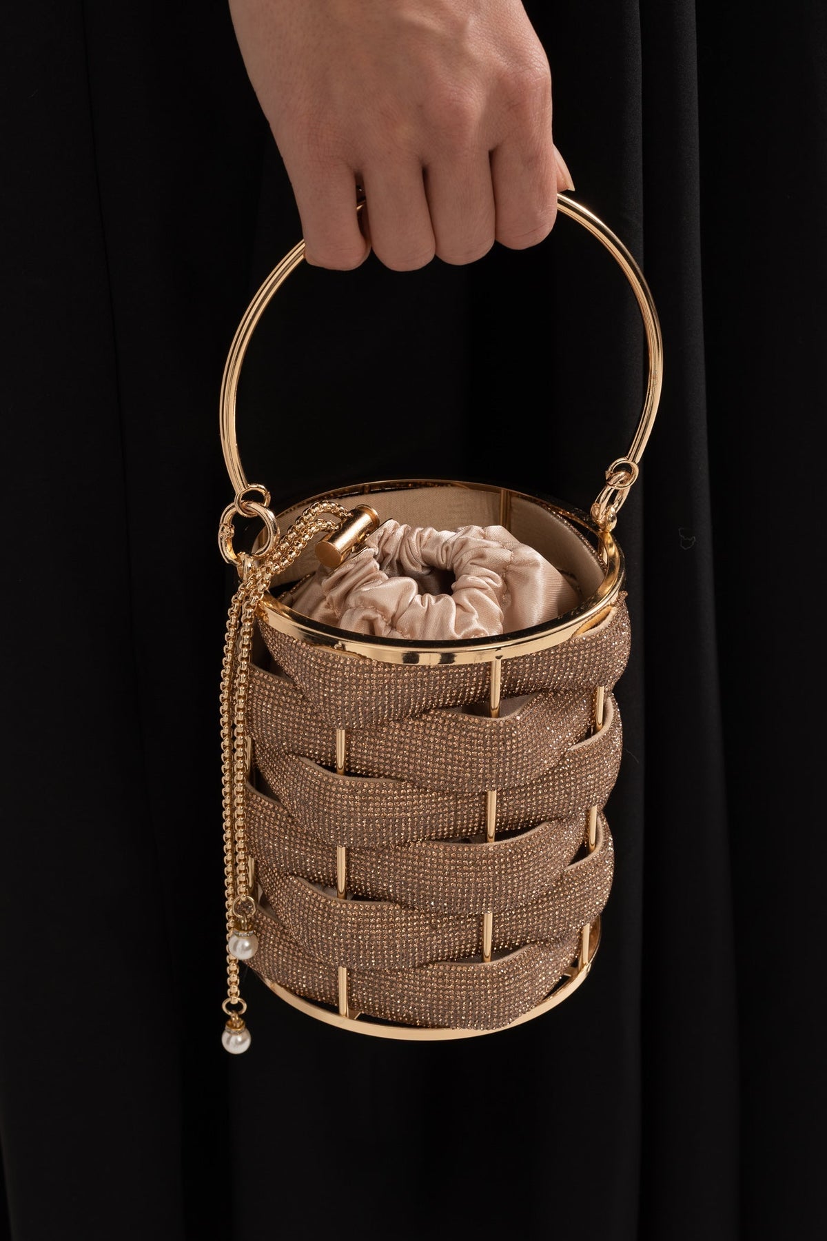 Beaded Mini Bucket Bag with Satin Drawstring Closure – Gold – view 2