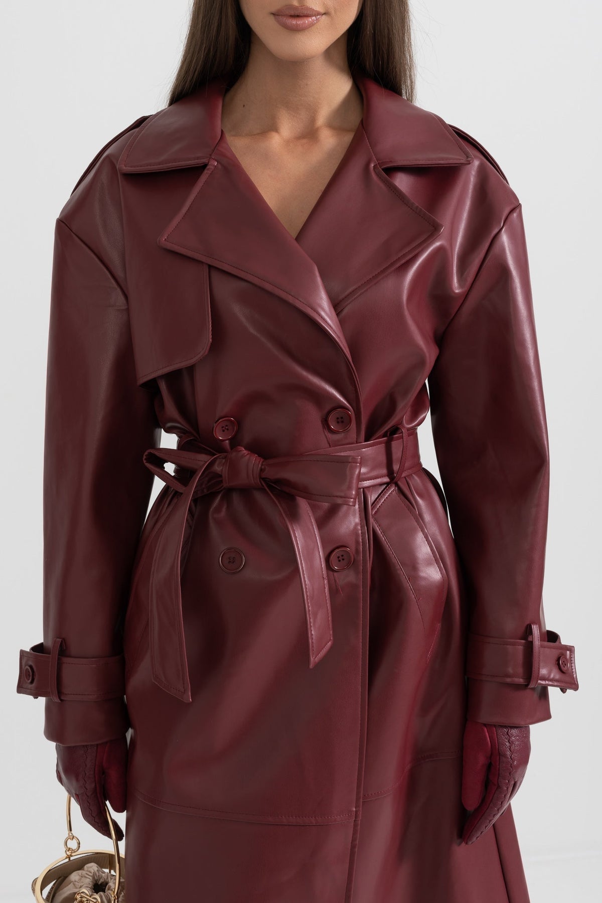 Vegan Leather Belted Trench Coat with Wide Lapels – Burgundy – view 3
