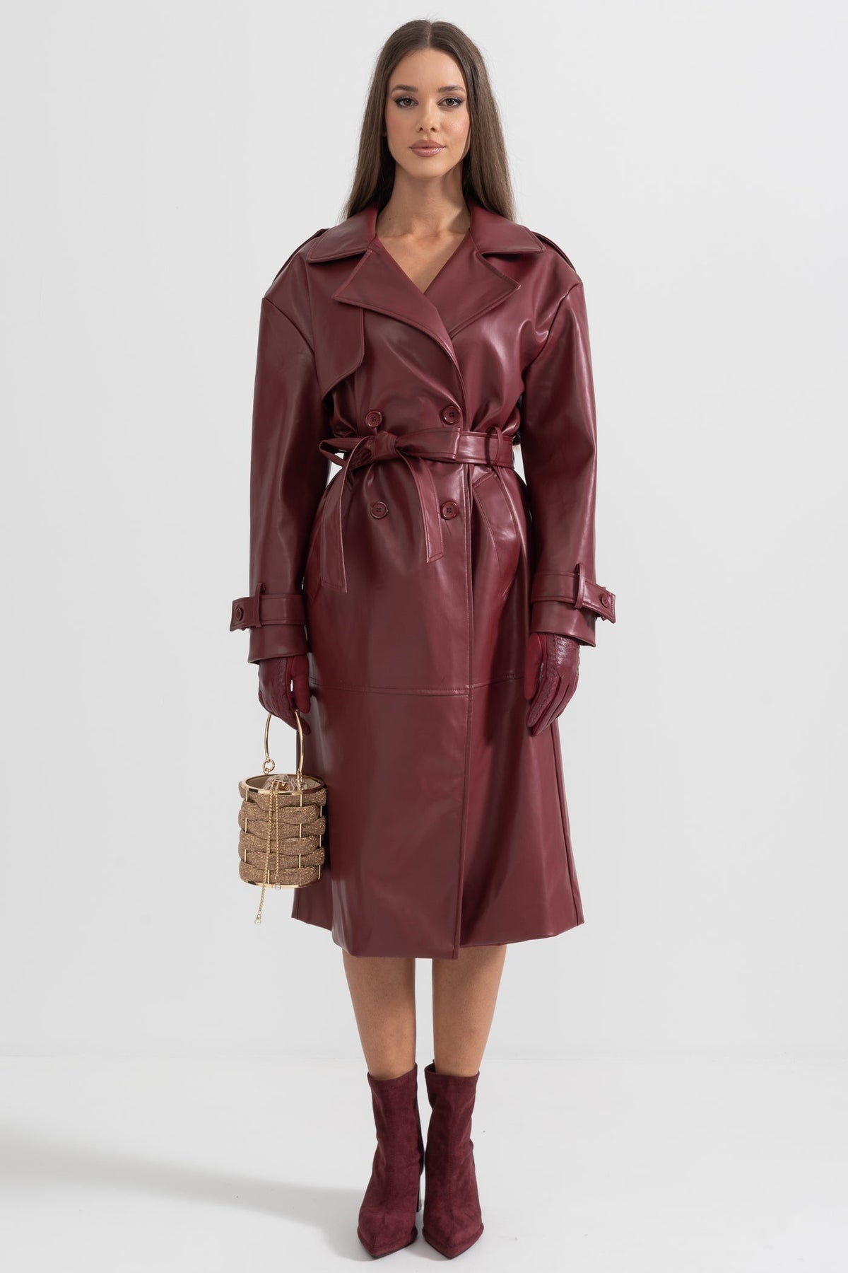 Vegan Leather Belted Trench Coat with Wide Lapels – Burgundy – view 1