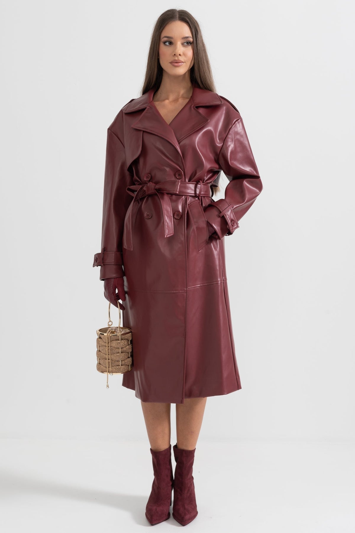 Vegan Leather Belted Trench Coat with Wide Lapels – Burgundy – view 4
