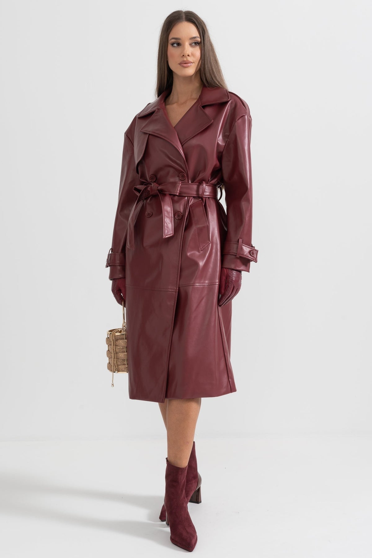 Vegan Leather Belted Trench Coat with Wide Lapels – Burgundy – view 5