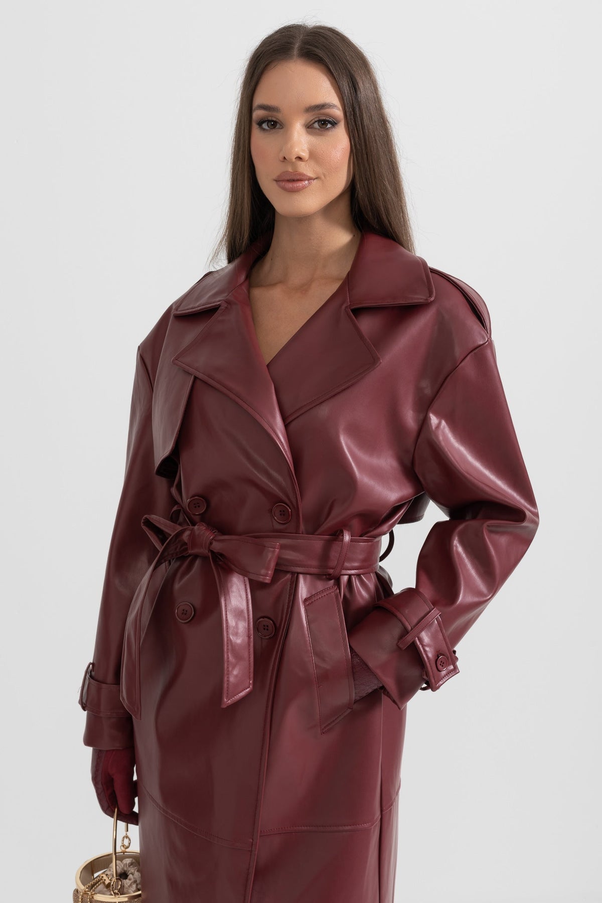 Vegan Leather Belted Trench Coat with Wide Lapels – Burgundy – view 6
