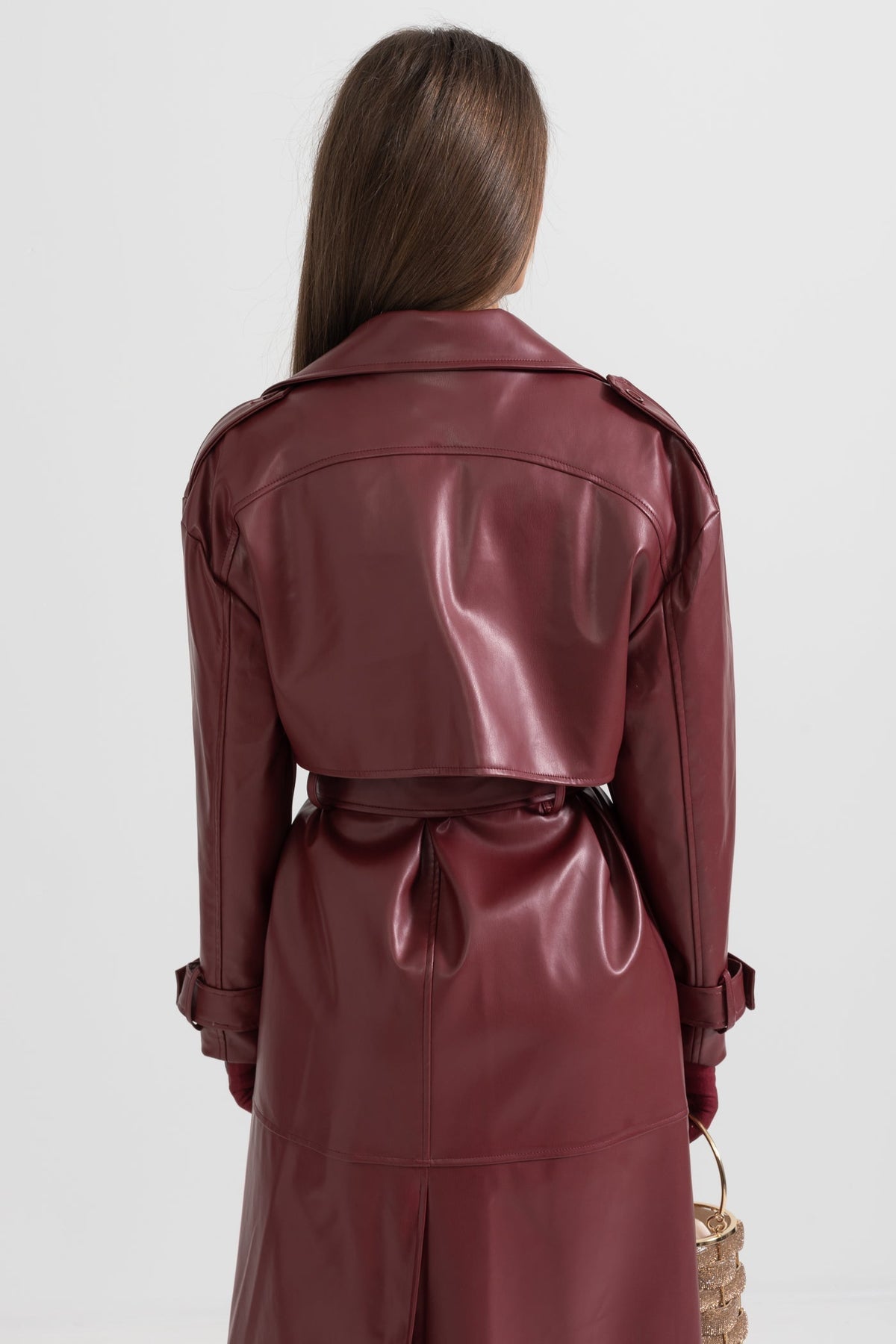 Vegan Leather Belted Trench Coat with Wide Lapels – Burgundy – view 7