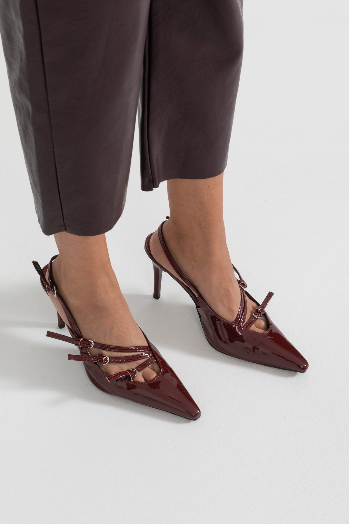 Glossy Pointed Toe Slingback Heels with Silver Buckles – Burgundy