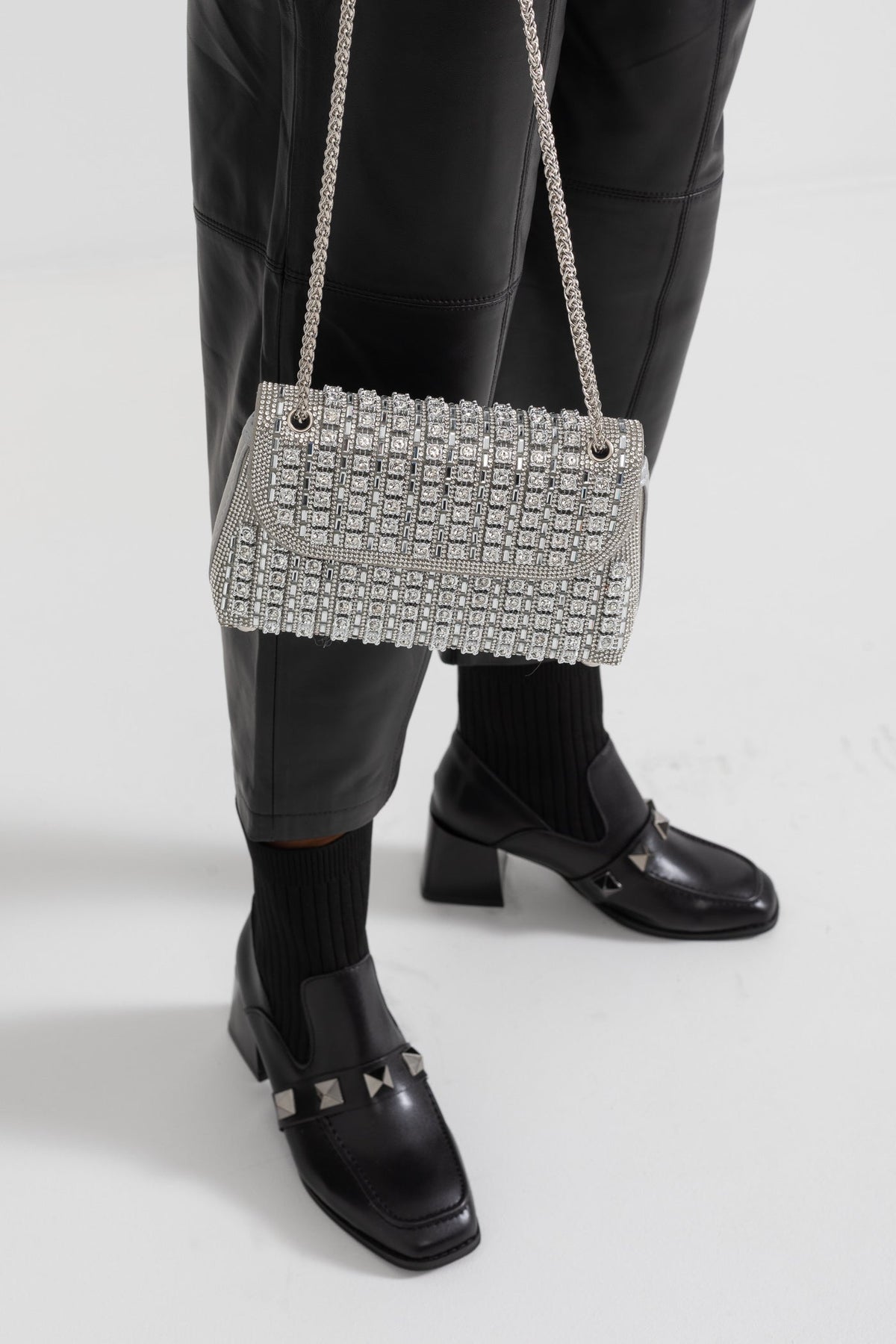 Woven Rhinestone Embellished Evening Bag with Chain Strap – Silver – view 3