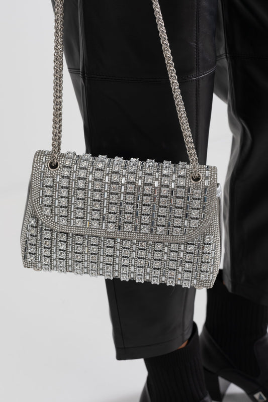 Woven Rhinestone Embellished Evening Bag with Chain Strap – Silver