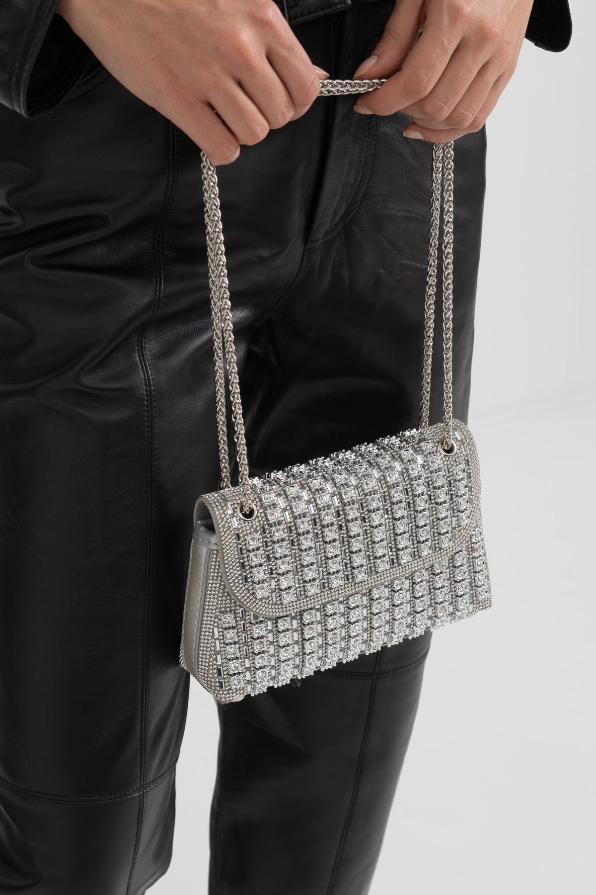 Woven Rhinestone Embellished Evening Bag with Chain Strap – Silver – view 4