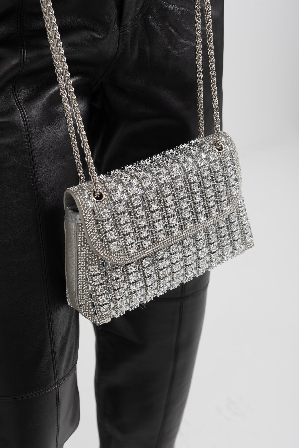 Woven Rhinestone Embellished Evening Bag with Chain Strap – Silver – view 5
