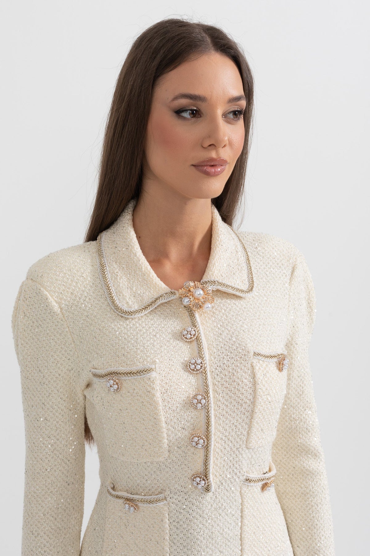 Long Sleeve Textured Knit Dress with Gold Flower Collar – Ivory – view 6