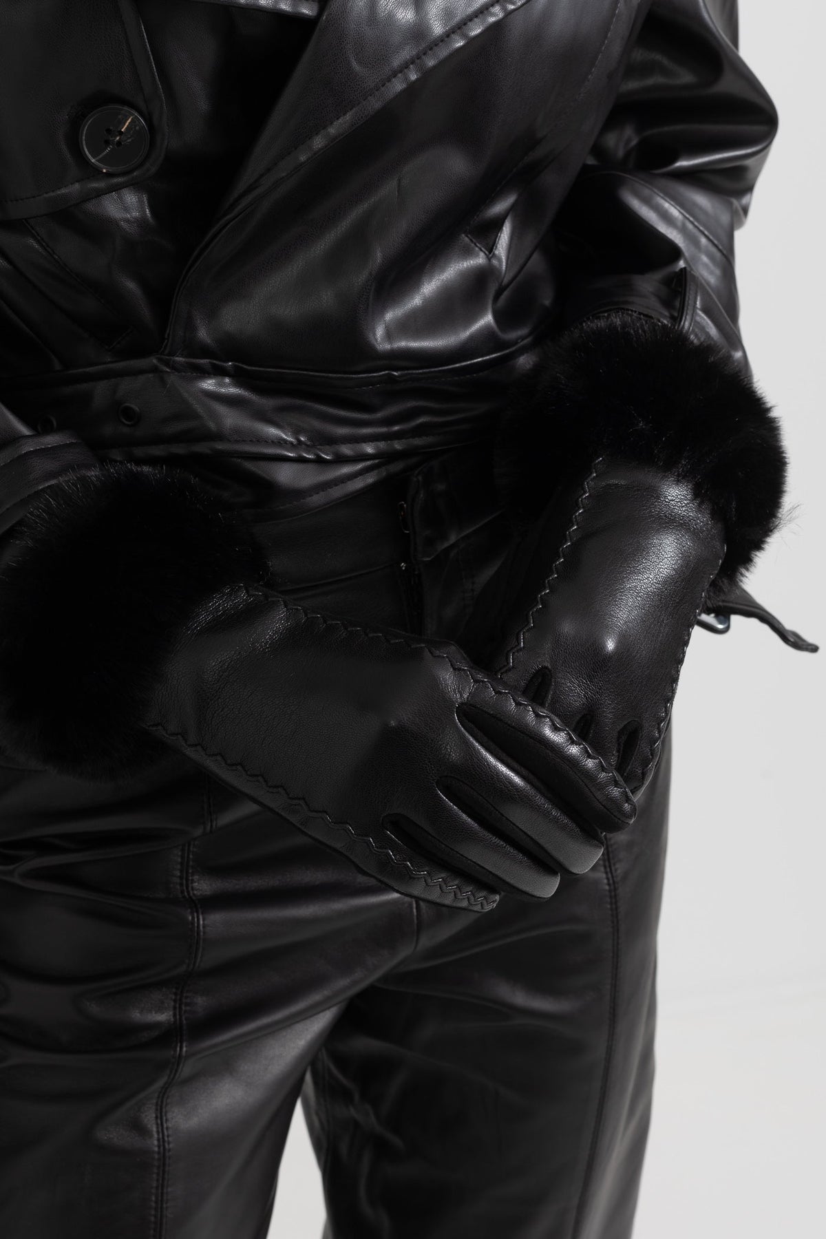 Vegan Leather Gloves with Plush Cuffs and Stitching Detail – Black – view 1