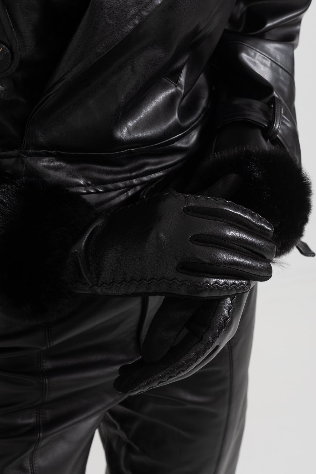 Vegan Leather Gloves with Plush Cuffs and Stitching Detail – Black – view 2
